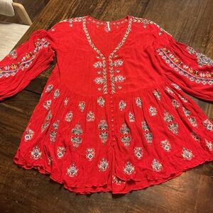 Free People Red Embroidered Blouse